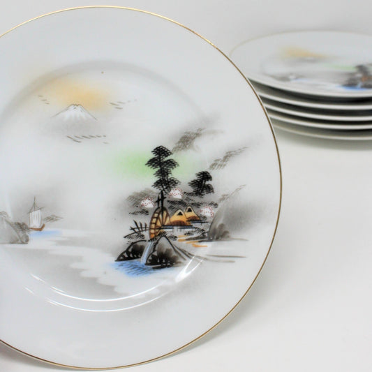 Bread & Butter Plates, Kutani, Japanese Waterwheel /Mt Fuji, Hand Painted , Set of 6, Vintage