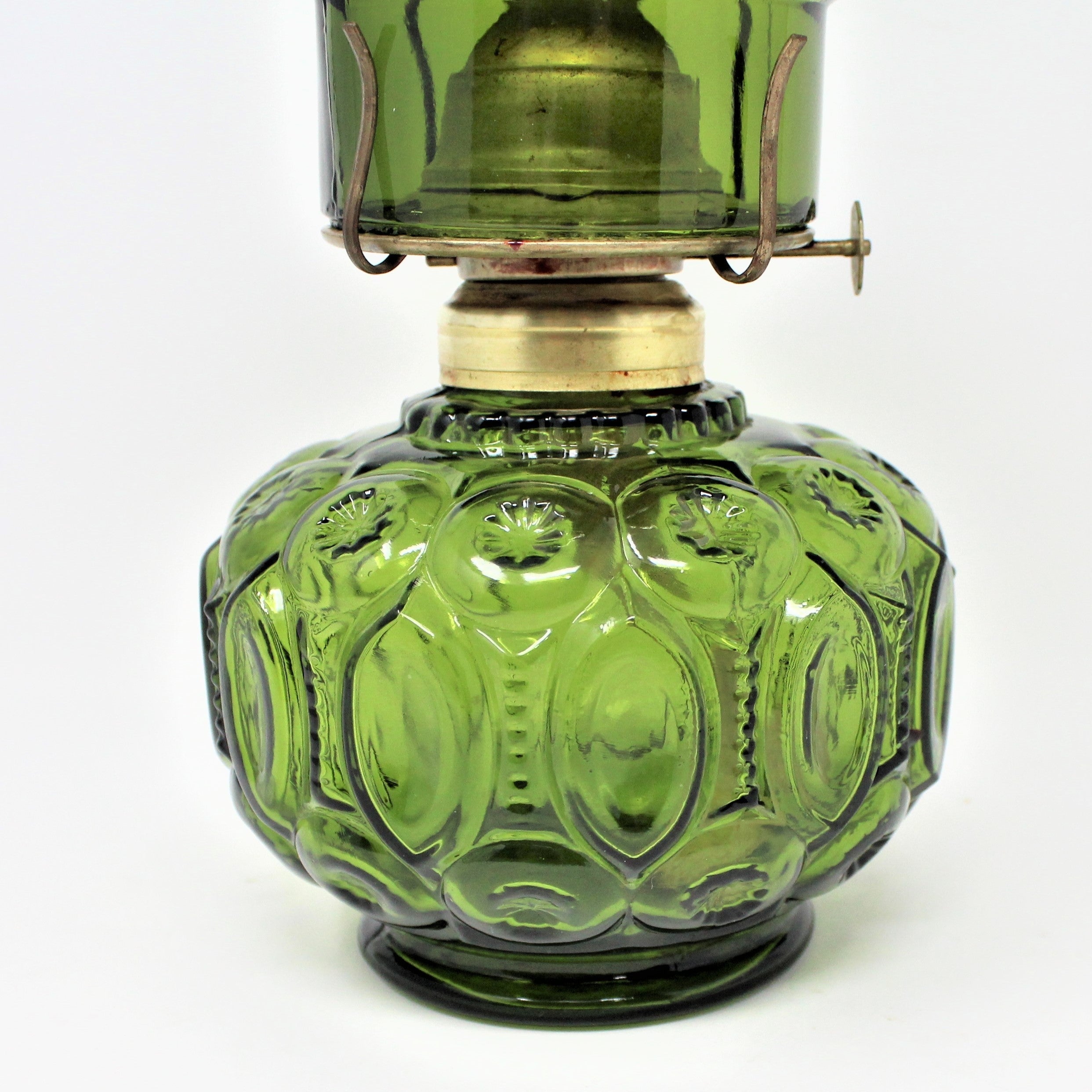 Oil Lamp, LE Smith, Moon and Stars Green Glass, P&A Burner