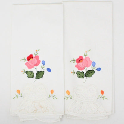 Tea Towels / Fingertip Towels, Appliqué Floral & Lace, Set of 2, Vintage, Unused