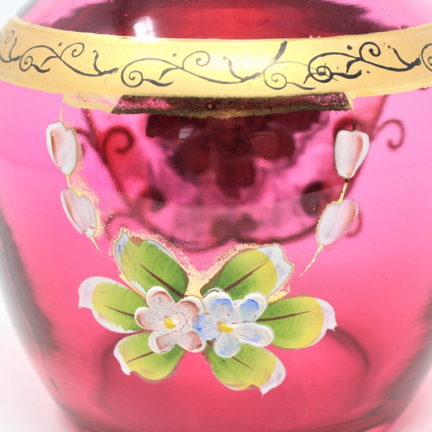 Vase, Cranberry Art Glass, Hand Painted Bohemia Crystal, Gilded Floral, Vintage