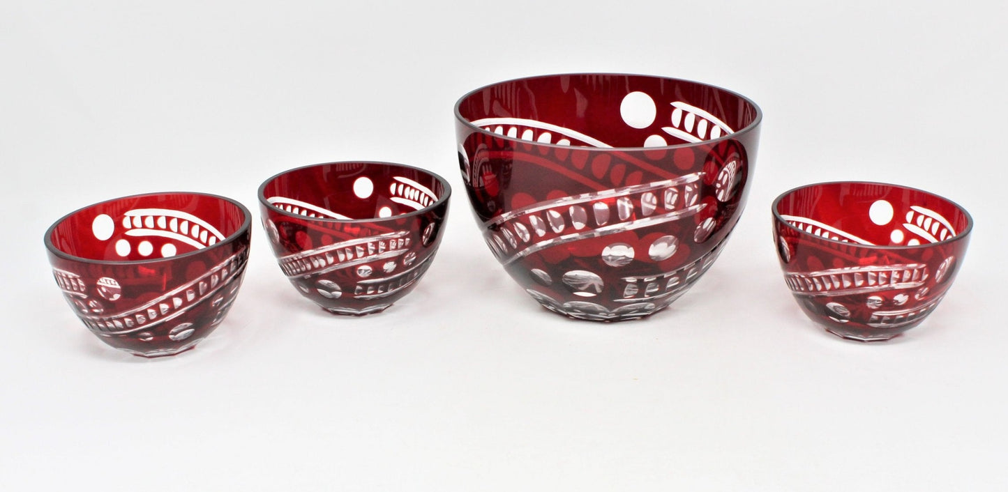 Salad Bowl Set, Ruby Red Cut To Clear, Bohemia Crystal, Set of 4, Vintage