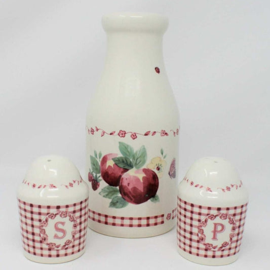 Milk Pitcher / Creamer, Pfaltzgraff, Delicious, Milk Bottle, Red Gingham/Apples, Ceramic