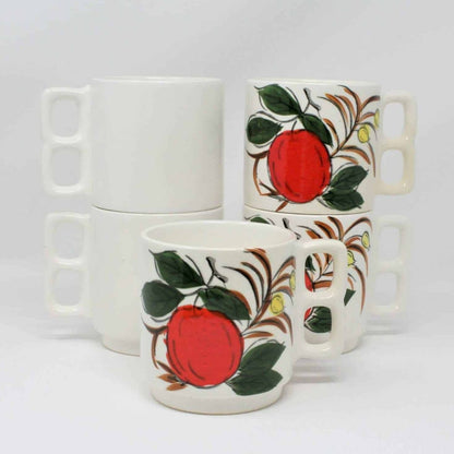 Mugs, Stackable Two Finger / Knuckle Handle, Apple Design, Set of 5, Ceramic, Vintage