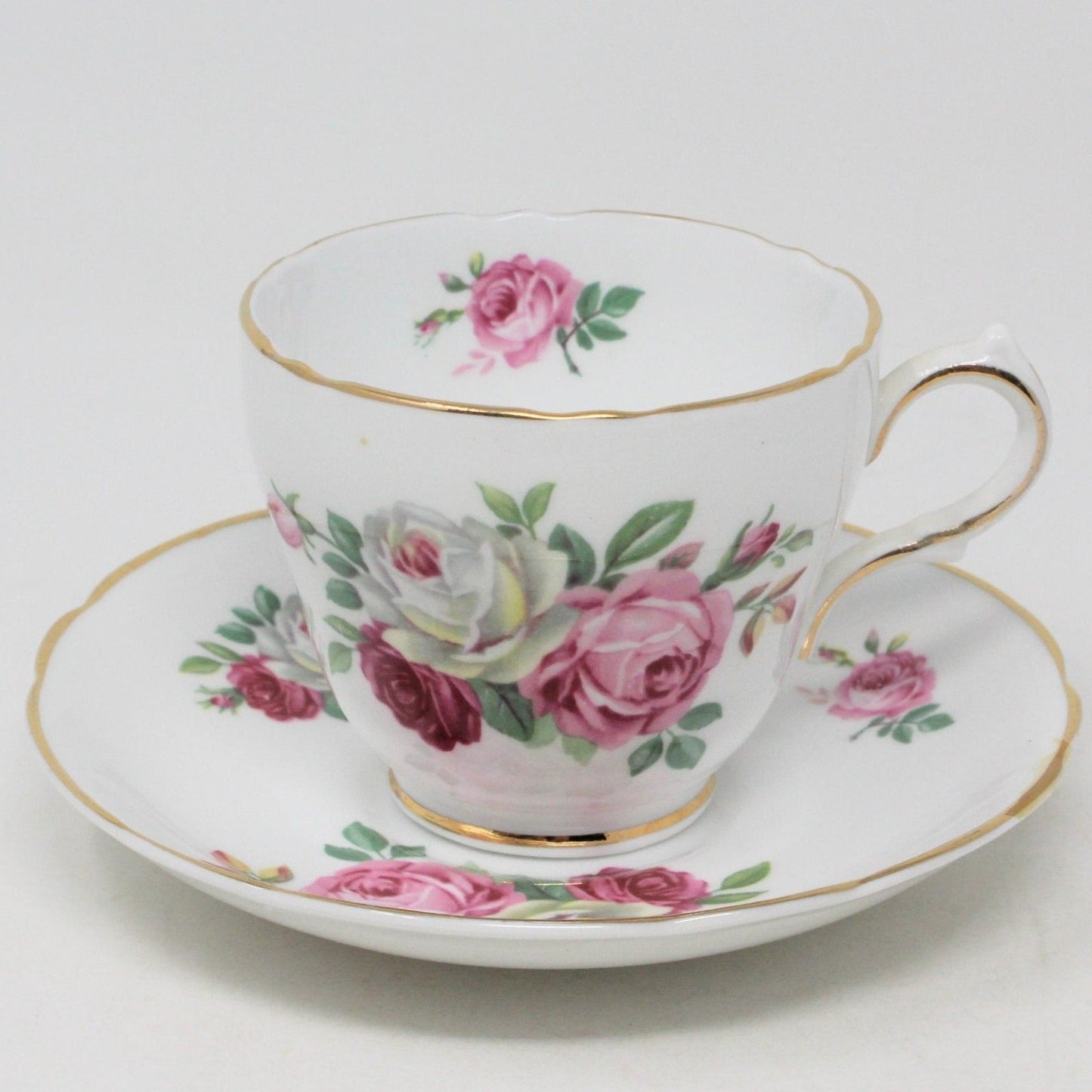 Teacup and Saucer, Regency, Roses, Pink, Red & White, Bone China, Vintage