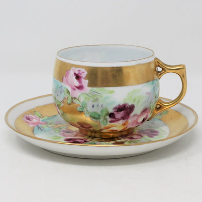 Teacup and Saucer, Pickard / Rosenthal Hand Painted, Heavy Gold, Pink Roses, Antique