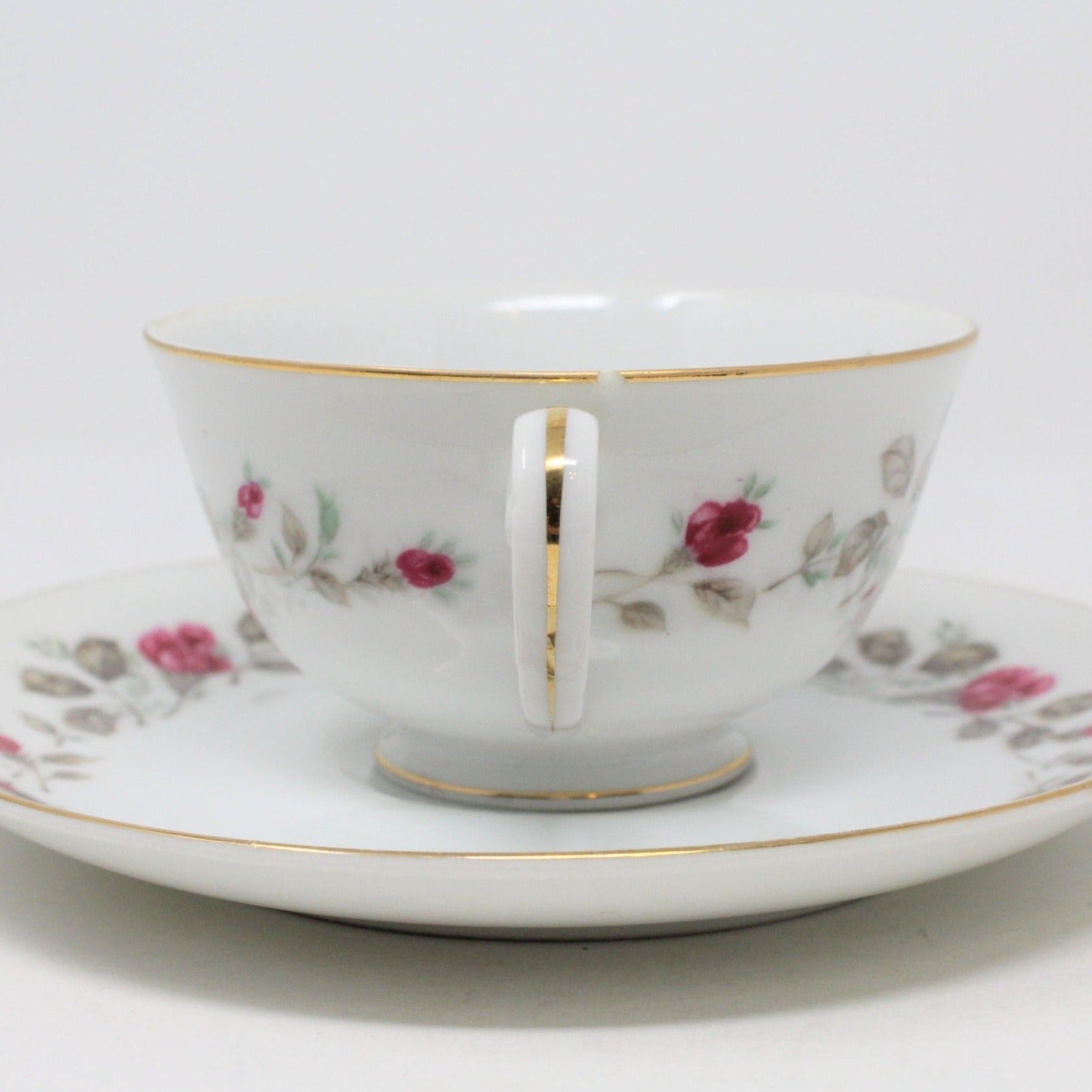 Moss Rose Footed Tea Cup & Saucer Set Of x4 Pink Flowers Japan good Bone China