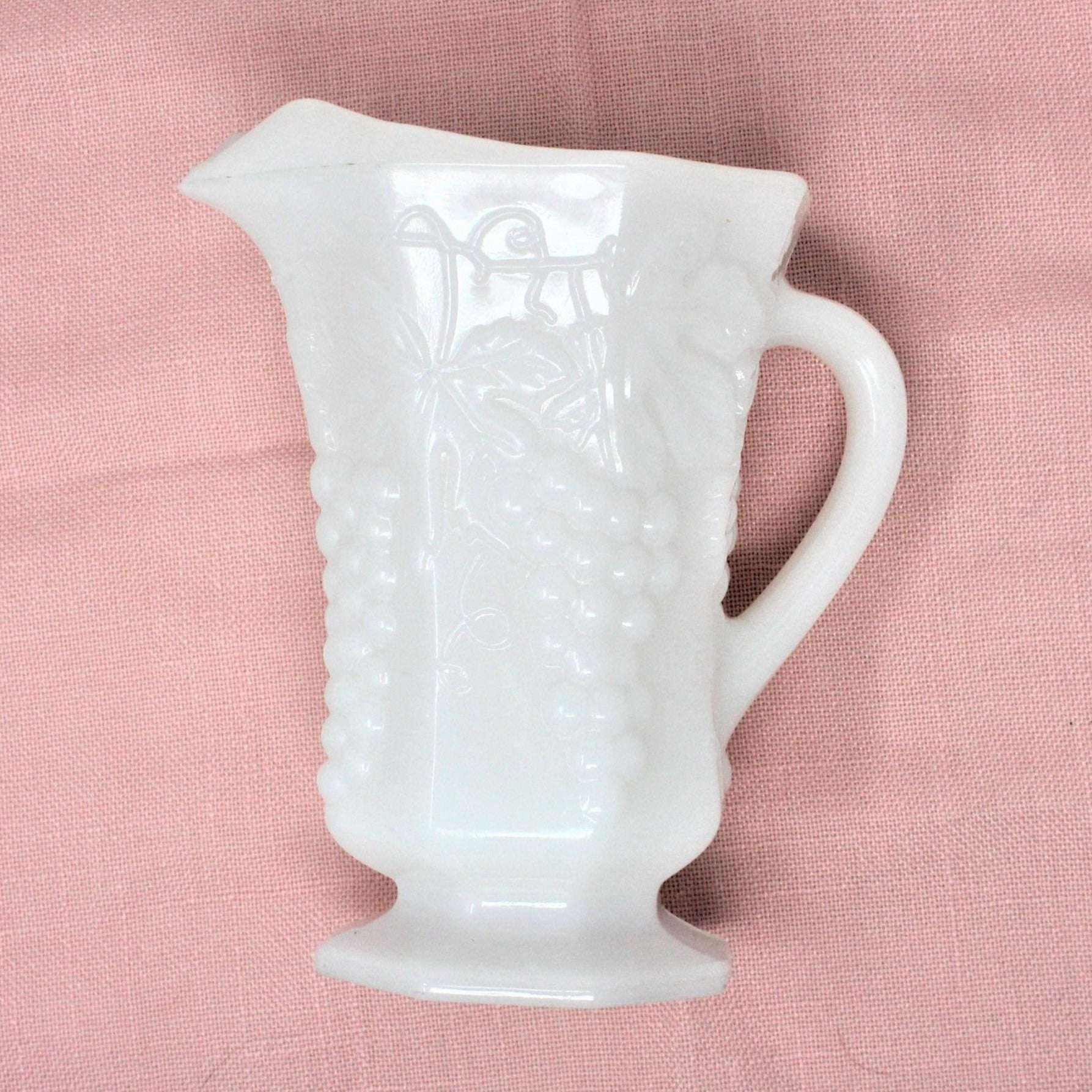 Hocking Milk Glass Octagonal Pitcher sale & 5 Goblet Set Vintage Grape Leaf Design