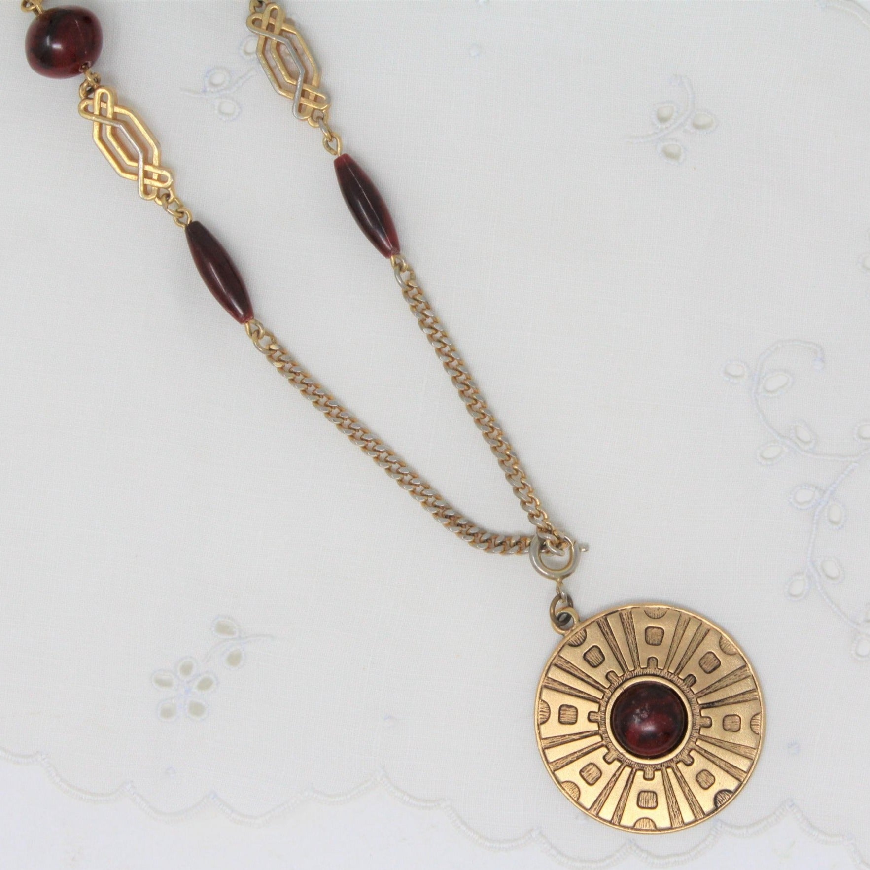 Vintage Sarah Coventry Egyptian Revival Gold Tone and Burgundy Bead  Detachable Pendant Necklace | Good Ole Tom's