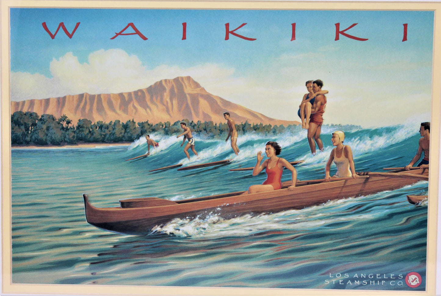 Print, Waikiki, Surf Riders by Kerne Erickson, Framed, Retro Hawaii