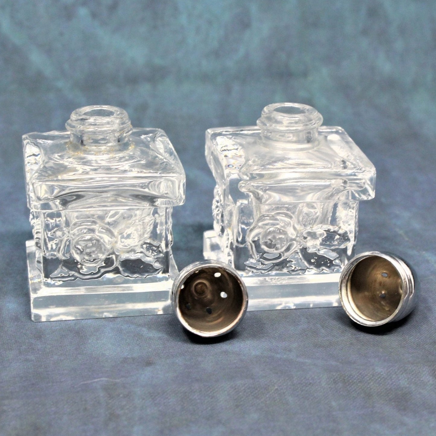 Salt and Pepper Shakers, Square Glass with Embossed Flowers, Vintage