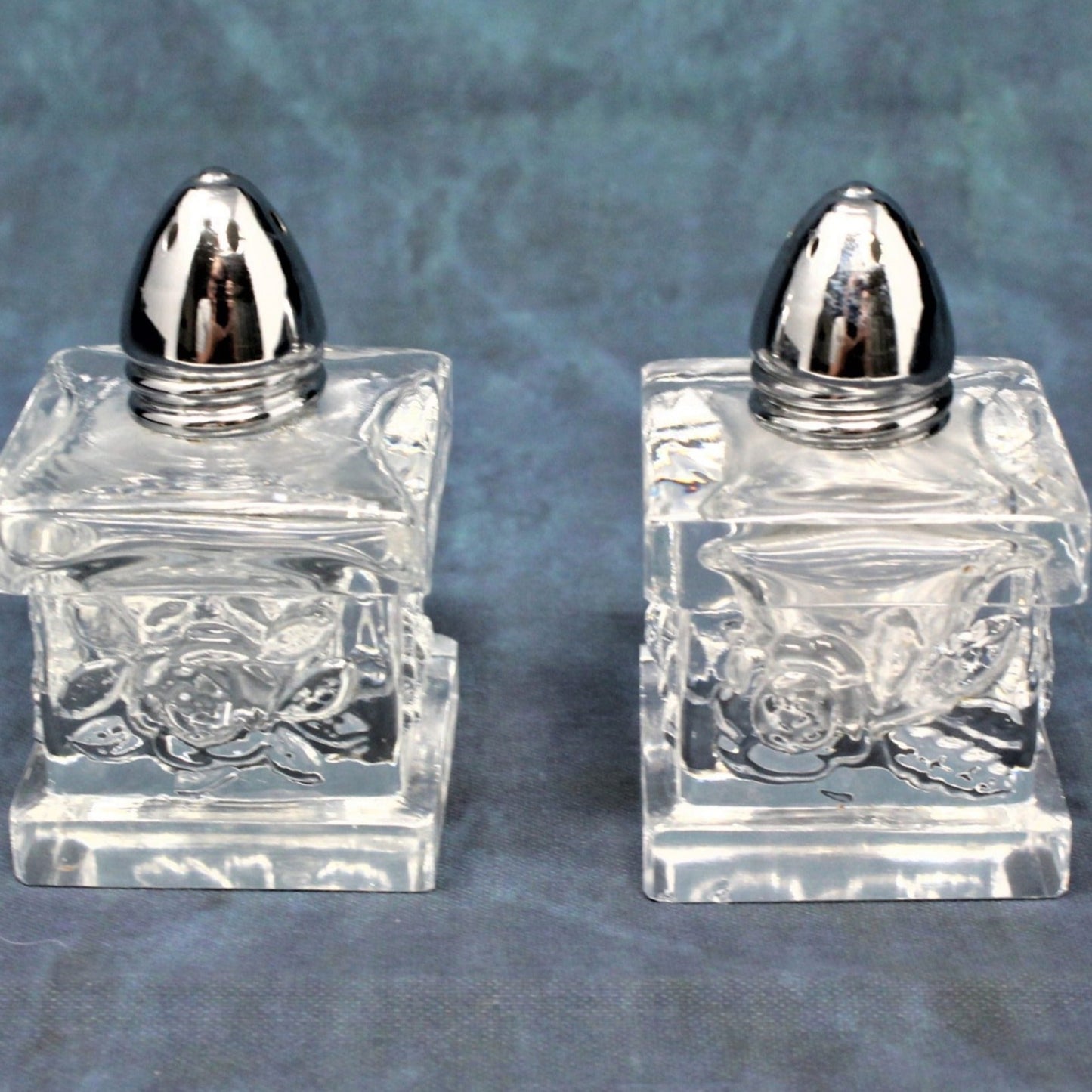 Salt and Pepper Shakers, Square Glass with Embossed Flowers, Vintage