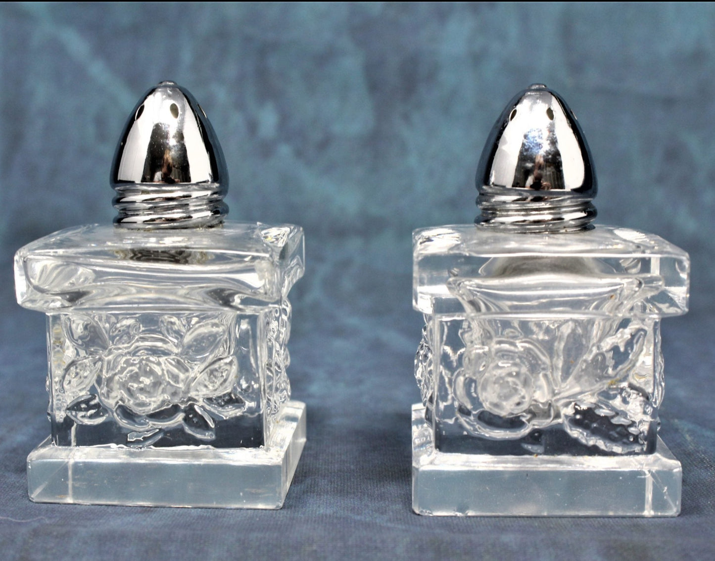 Salt and Pepper Shakers, Square Glass with Embossed Flowers, Vintage