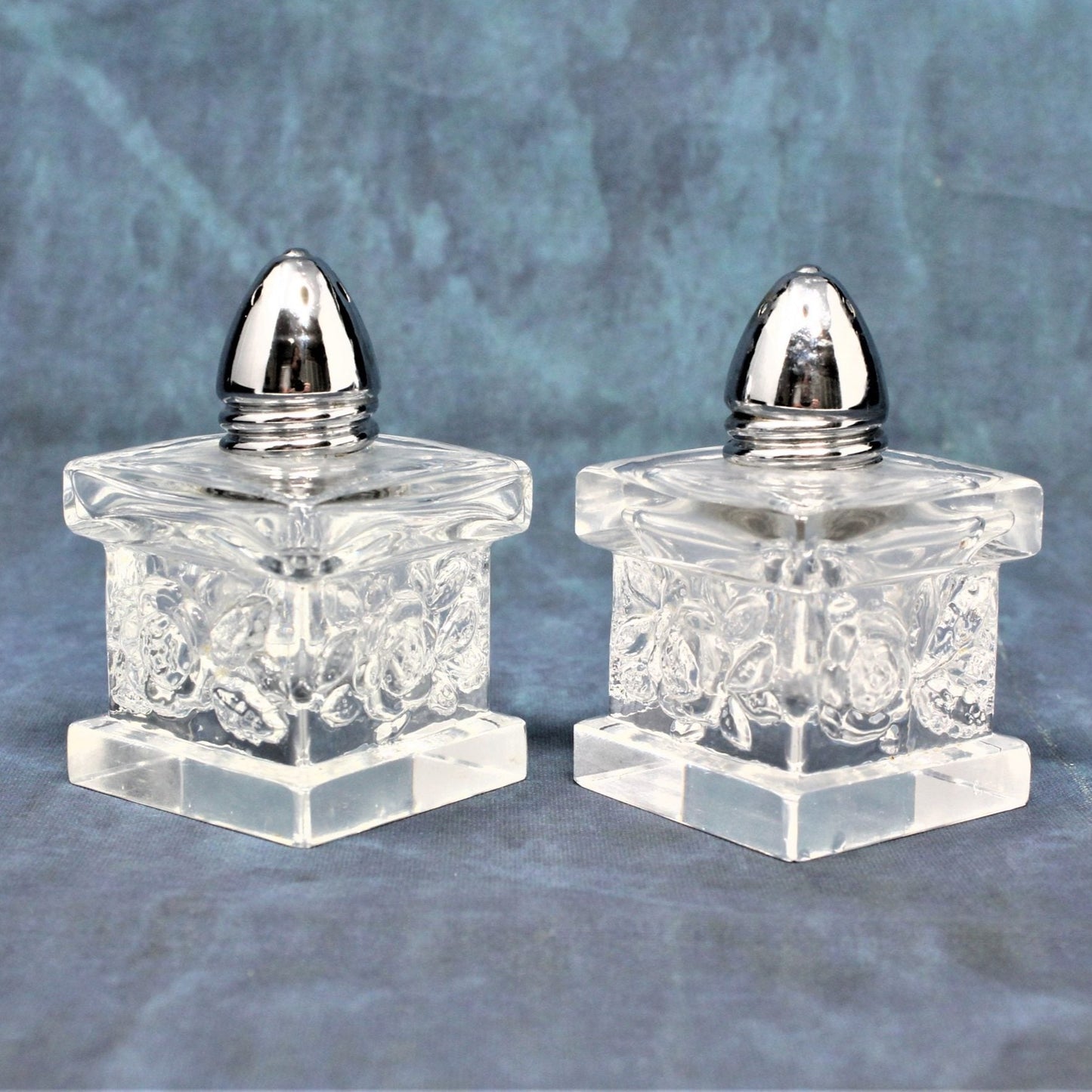 Salt and Pepper Shakers, Square Glass with Embossed Flowers, Vintage