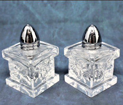 Salt and Pepper Shakers, Square Glass with Embossed Flowers, Vintage