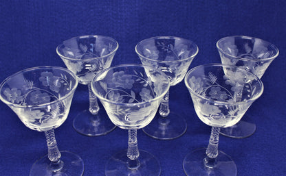 6 Vintage Etched Wine Glasses, Rock Sharpe, 1950's, After Dinner