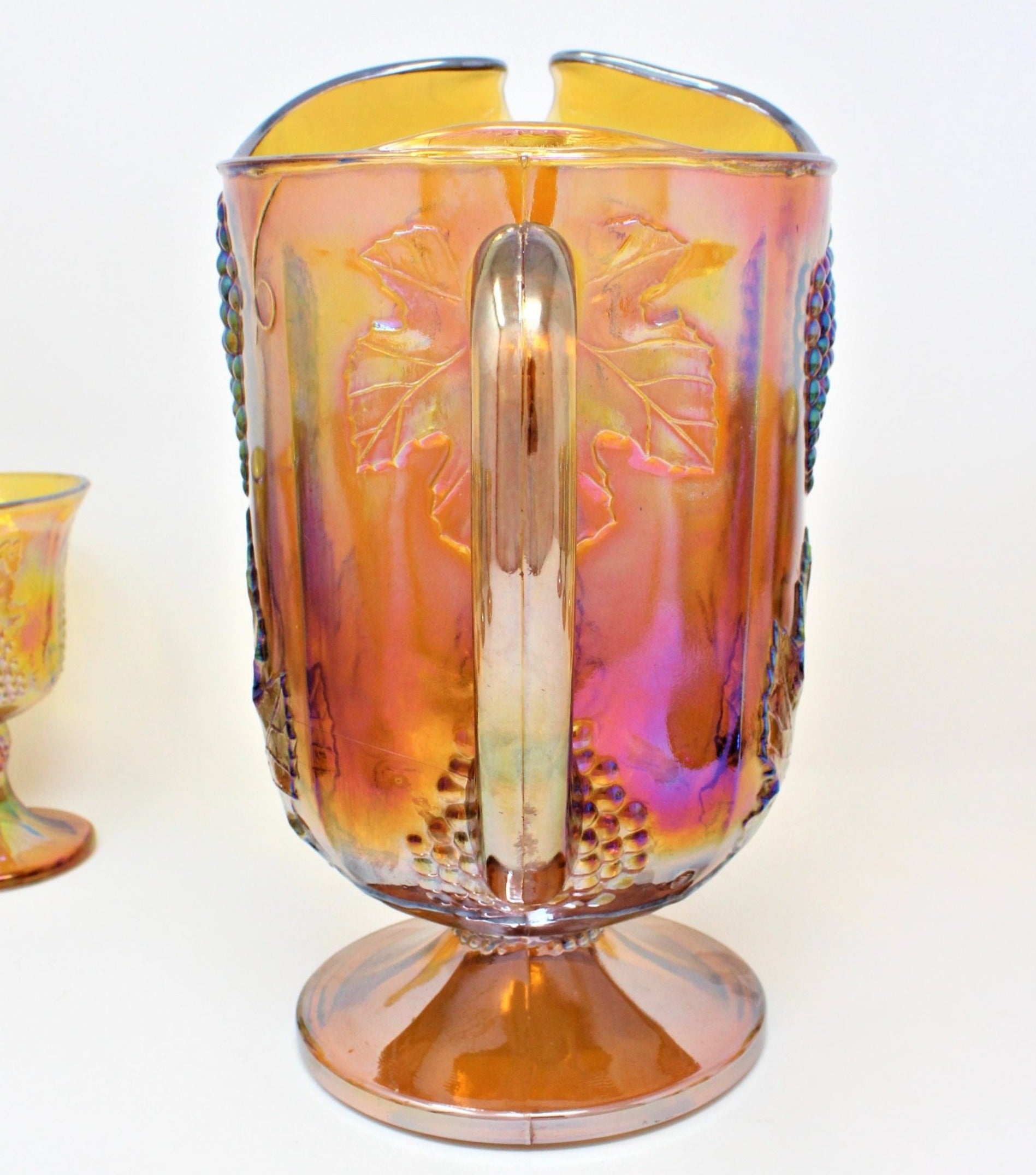 Large Yellow/Amber Indiana Harvest top Carnival Glass Pedestal Pitcher