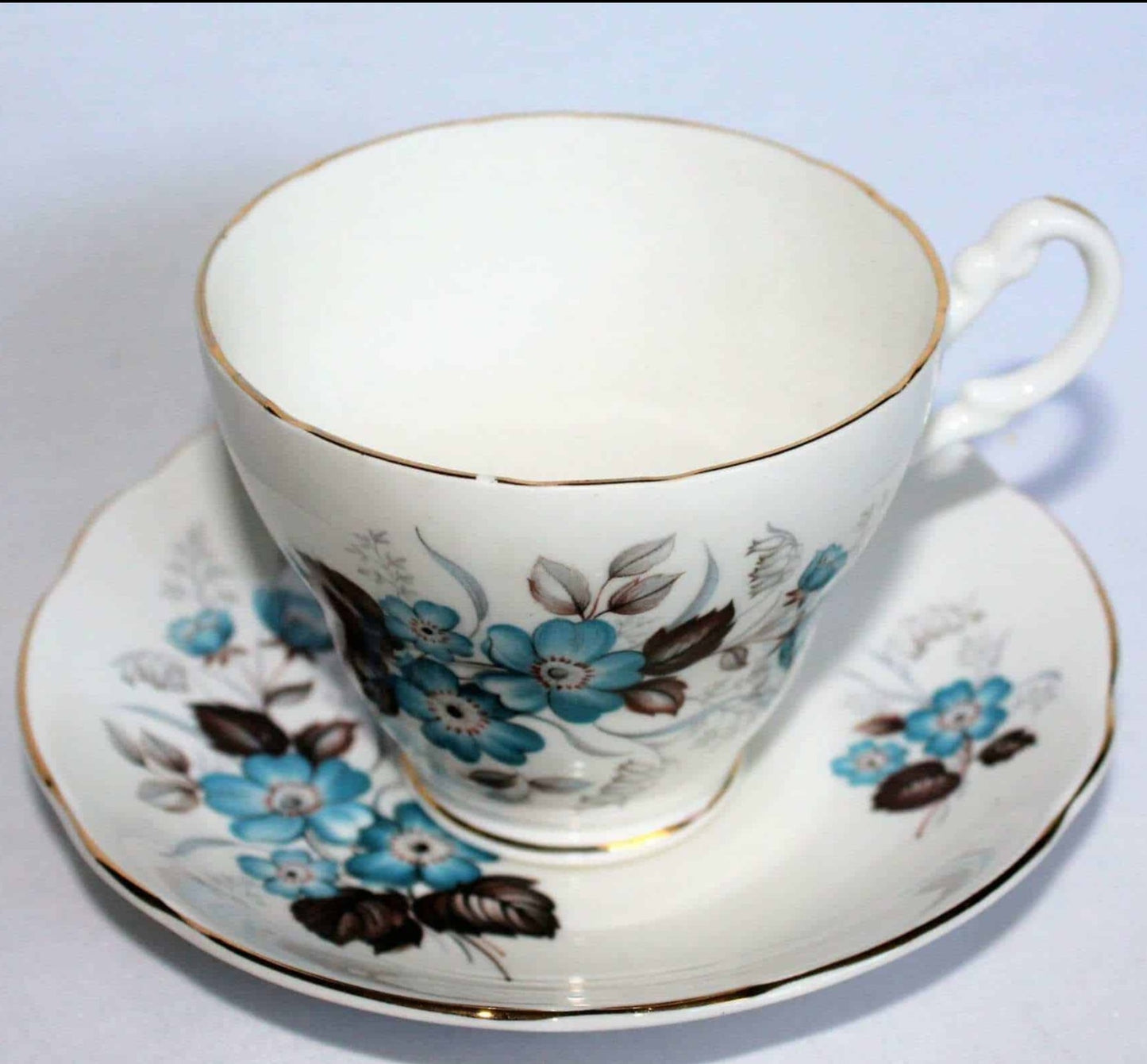 Teacup and Saucer, Royal Ascot, Aqua Flowers, Bone China, Vintage