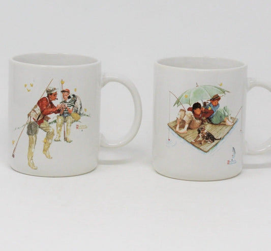 Mugs, Norman Rockwell Fishing Mugs, Vintage, Set of 2, 1987