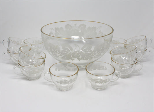 Punch Bowl Set, White Enamel Leaves, 13 Pcs, Glass, Vintage