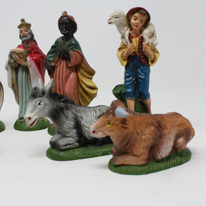 Figurines, Lot of Hard Plastic Christmas Nativity Figurines, Green Base Italy, 9 pcs, Vintage