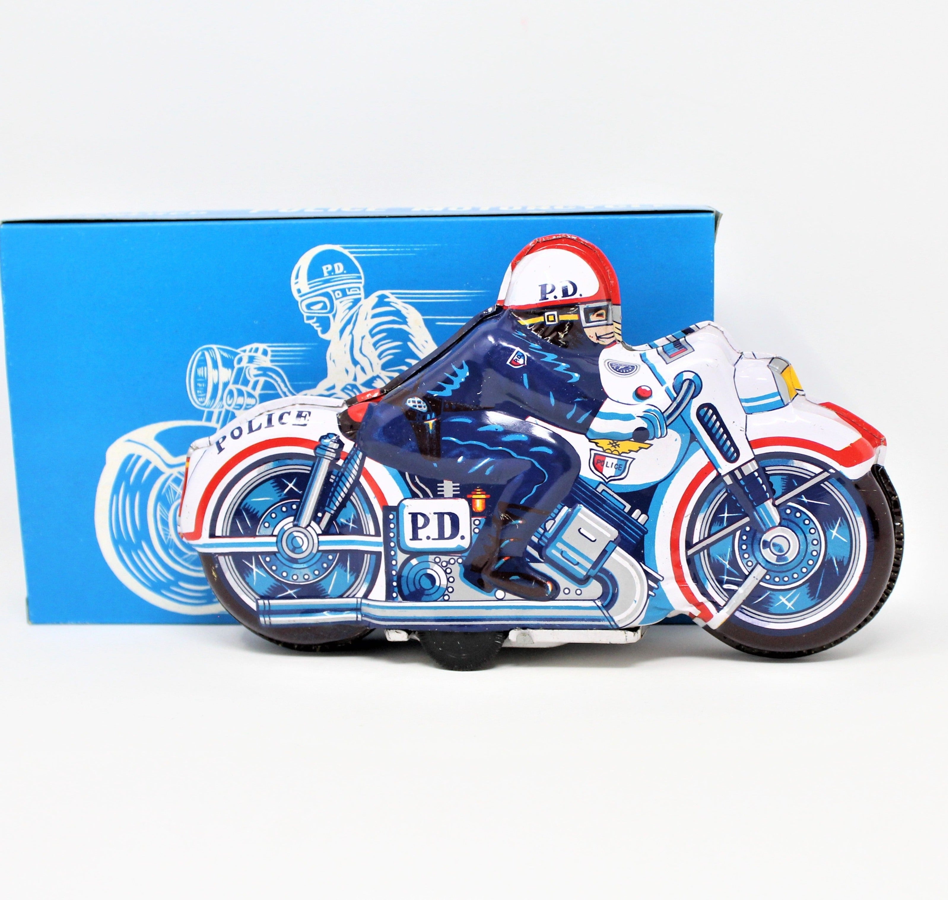 Police Motorcycle in Original Box, Friction, Tin Litho, NOS, Vintage